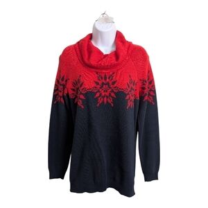 Tommy Hilfiger Navy Blue Red Snowflake Pullover Sweater Cowl Neck Long Sleeve M